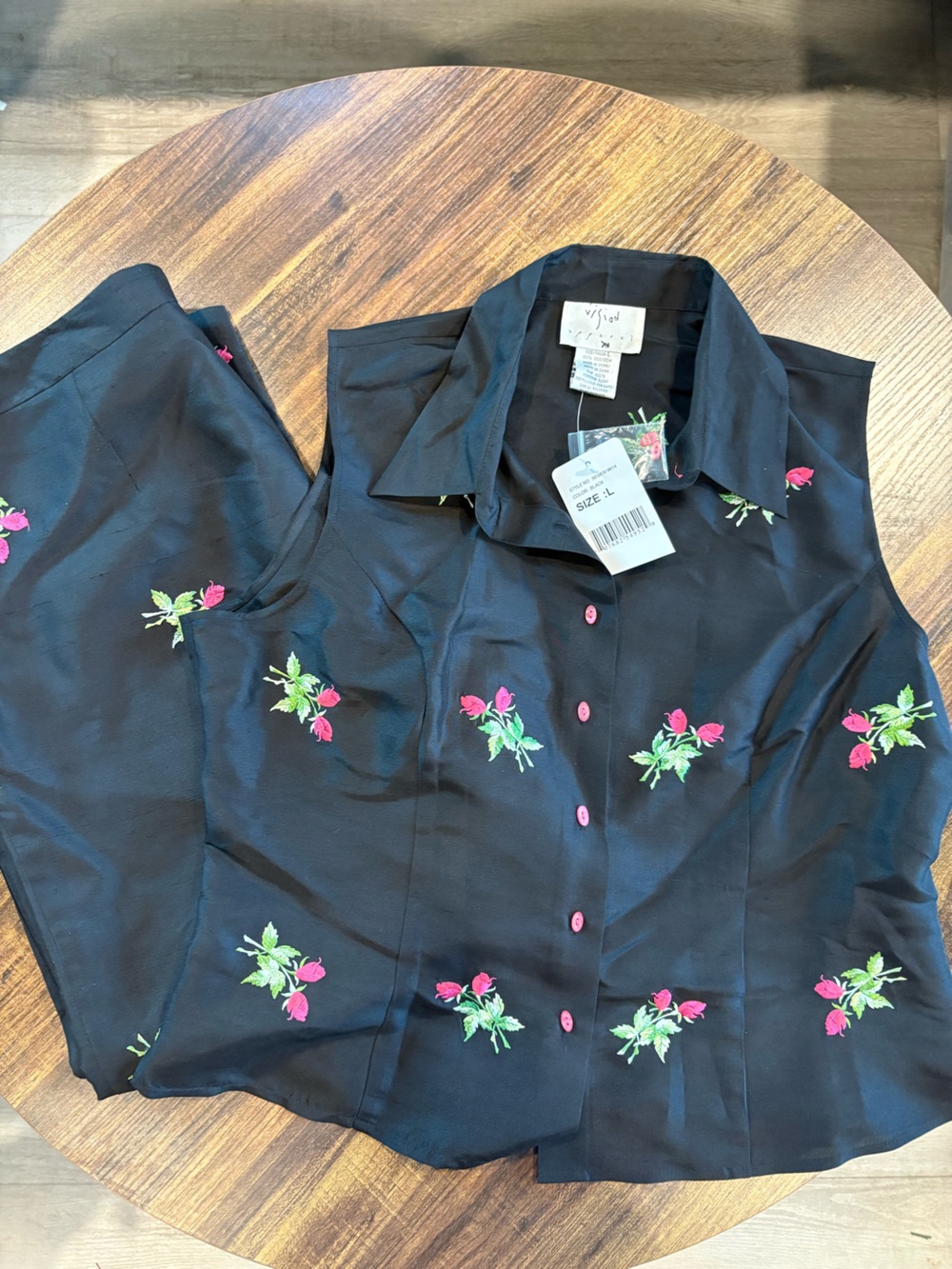 Vintage Black with Pink Rose Embroidery Pants Set 100% silk